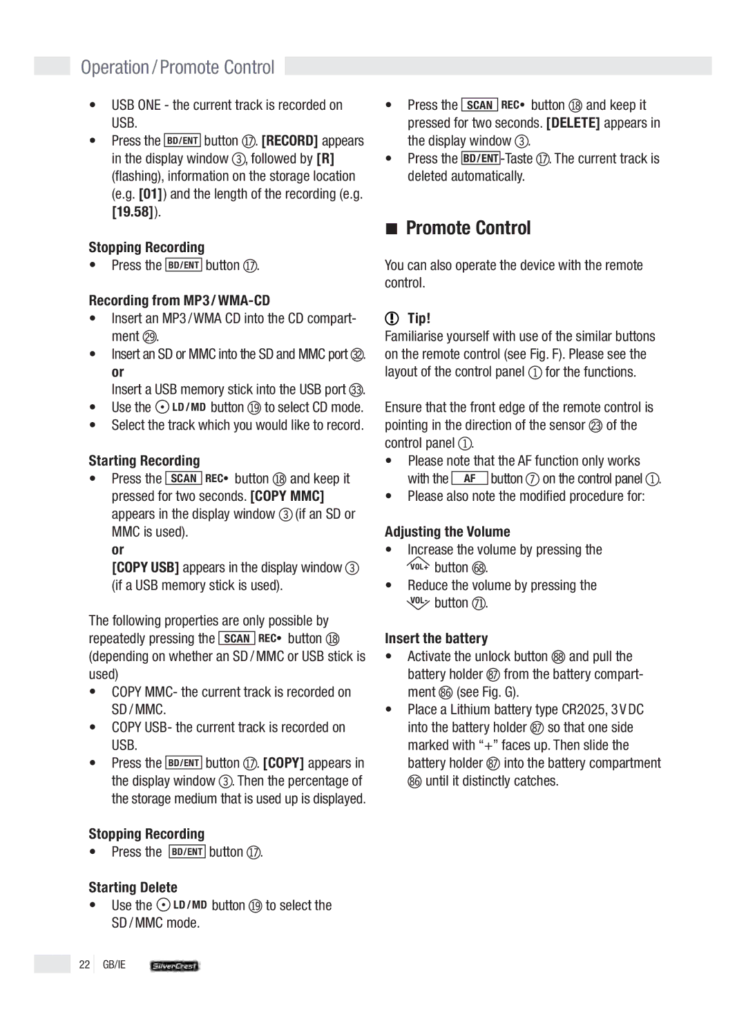 Silvercrest KH 2380 operation manual Operation / Promote Control 